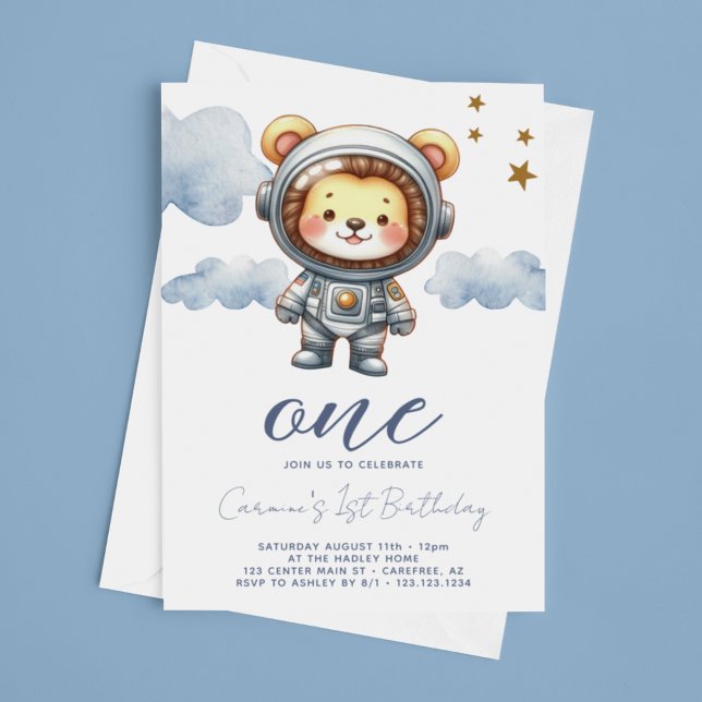 Invitation Anniversaire 1 an Astronaute Bébé Lion (Créateur téléchargé)