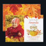 Invitation Anniversaire 1 an automne citrouille paillettes or<br><div class="desc">Invitation premier anniversaire automne citrouille avec photo personnalisée. Invitation fête d'anniversaire automne. Paillettes or. Fête d'anniversaire garçon ou fille. Rose,  orange et or. Invitation 1er anniversaire. Pour une personnalisation plus poussée,  veuillez cliquer sur le bouton "Personnaliser" et utiliser notre outil de conception pour modifier ce modèle.</div>