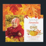 Invitation Anniversaire 1 an automne citrouille paillettes or<br><div class="desc">Invitation premier anniversaire automne citrouille avec photo personnalisée. Invitation fête d'anniversaire automne. Paillettes or. Fête d'anniversaire garçon ou fille. Rose,  orange et or. Invitation 1er anniversaire. Pour une personnalisation plus poussée,  veuillez cliquer sur le bouton "Personnaliser" et utiliser notre outil de conception pour modifier ce modèle.</div>