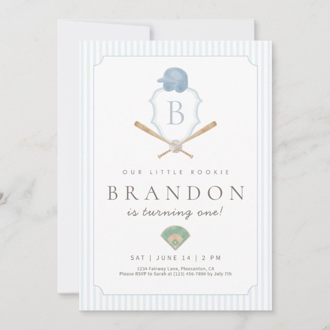 Invitation Anniversaire 1 an Bleu Baseball Prépara (Devant)