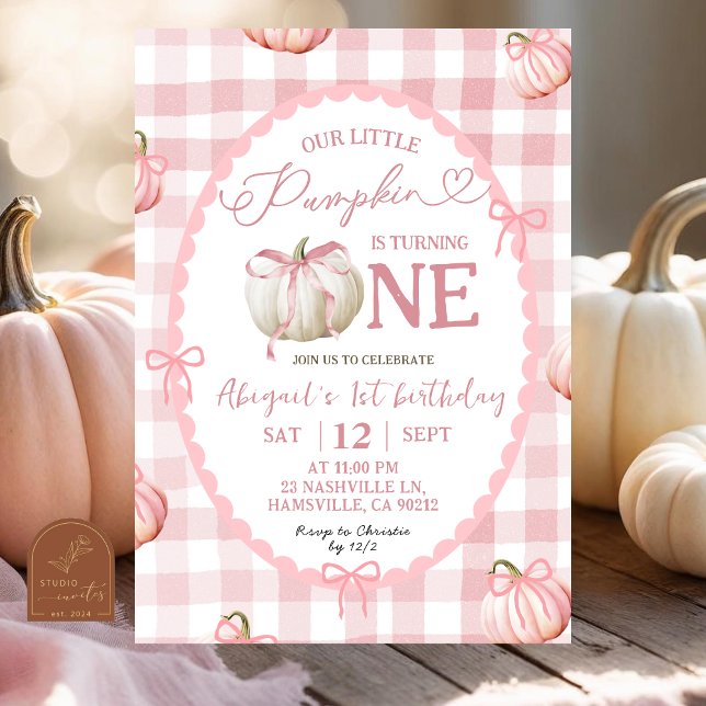 Invitation Anniversaire 1 an Citrouille Gingham Rose Ruban (Créateur téléchargé)