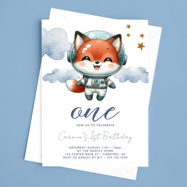 Invitation Anniversaire 1 an de Bébé Renard Astronaute (Créateur téléchargé)