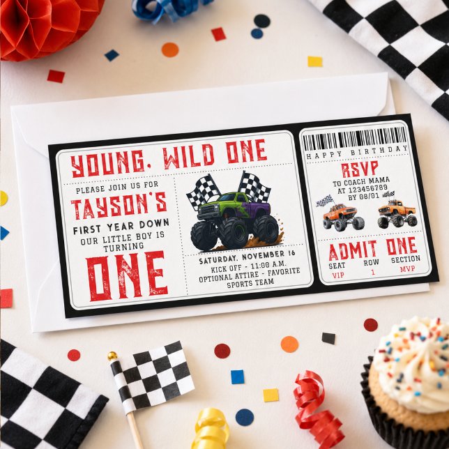 Invitation anniversaire 1 an de Monster Trucks  (Monster Trucks 1st Birthday Ticket Invitation
)