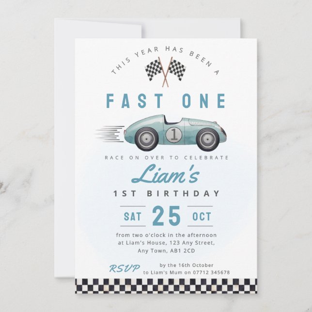 Invitation anniversaire 1 an Fast One Voiture Vint (Devant)