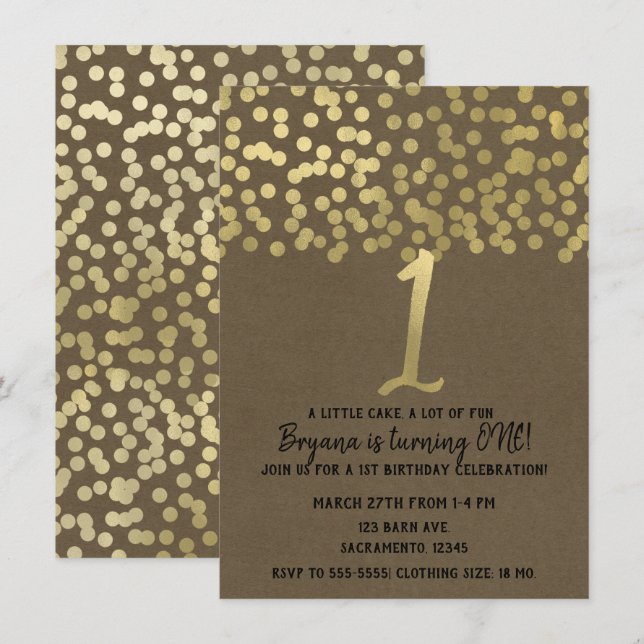Invitation Anniversaire 1 an Feuille d'Or Moderne Chic Kraft  (Devant / Derrière)
