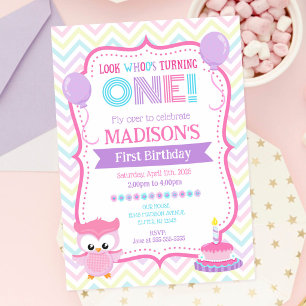 Invitation Anniversaire 1 an Fille Chouette Rose
