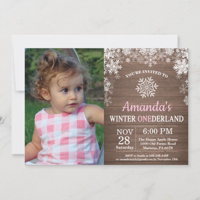 Invitation Anniversaire 1 an Fille Flocon de neige rose Onede (Devant)