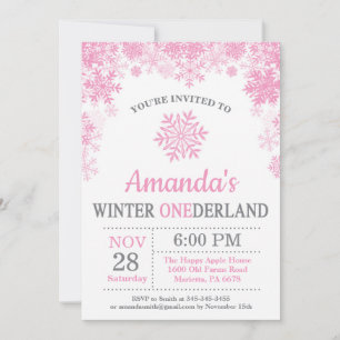 Invitation Anniversaire 1 an Fille Flocon de Neige Rose Onede