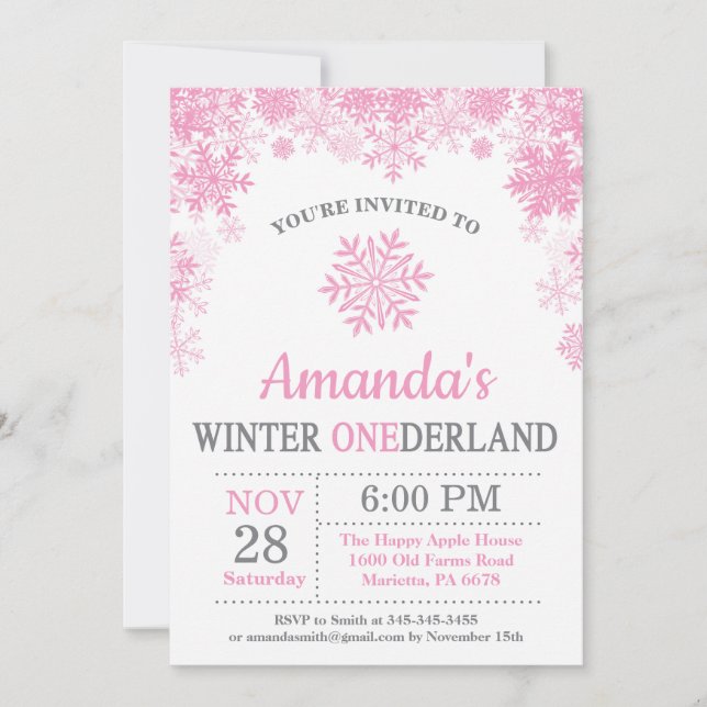 Invitation Anniversaire 1 an Fille Flocon de Neige Rose Onede (Devant)