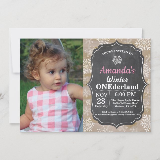 Invitation Anniversaire 1 an Fille Flocon de neige rose Onede (Devant)
