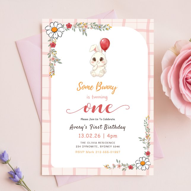 Invitation Anniversaire 1 an Fille Lapin Mignon Gingham Flora (Créateur téléchargé)