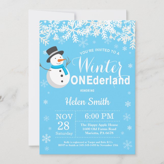 Invitation Anniversaire 1 an garçon bonhomme de neige Onederl (Devant)