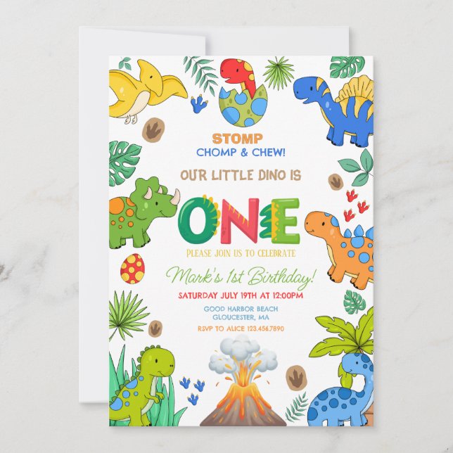 Invitation Anniversaire 1 an garçon dinosaure (Devant)