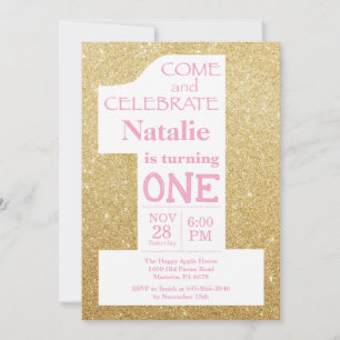 Invitation Anniversaire 1 an Paillettes Dorées et