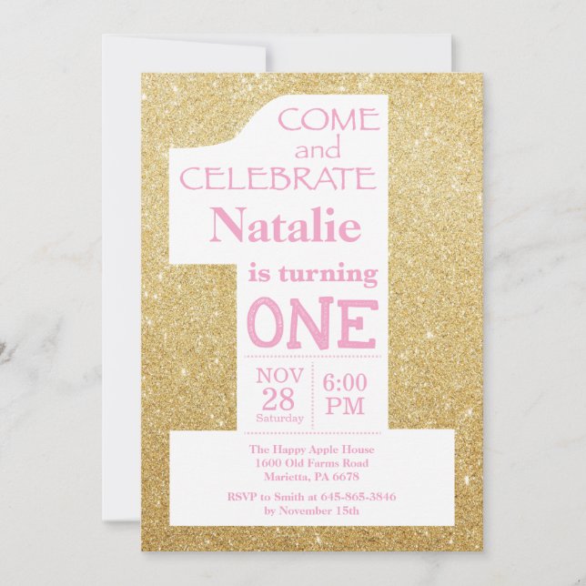 Invitation Anniversaire 1 an Paillettes Dorées et  (Devant)