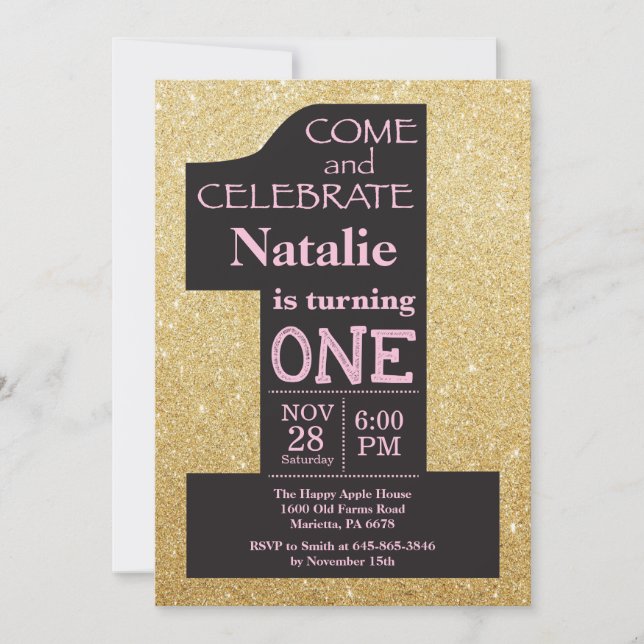 Invitation Anniversaire 1 an Paillettes Dorées et  (Devant)