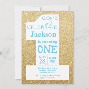 Invitation anniversaire 1 an paillettes dorées et