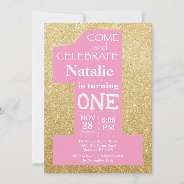 Invitation Anniversaire 1 an Paillettes Or et Rose (Devant)