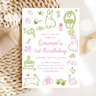 Invitation Anniversaire 1 an Pâques Rose et Vert