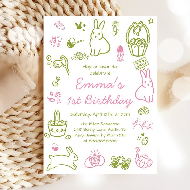 Invitation Anniversaire 1 an Pâques Rose et Vert (Créateur téléchargé)