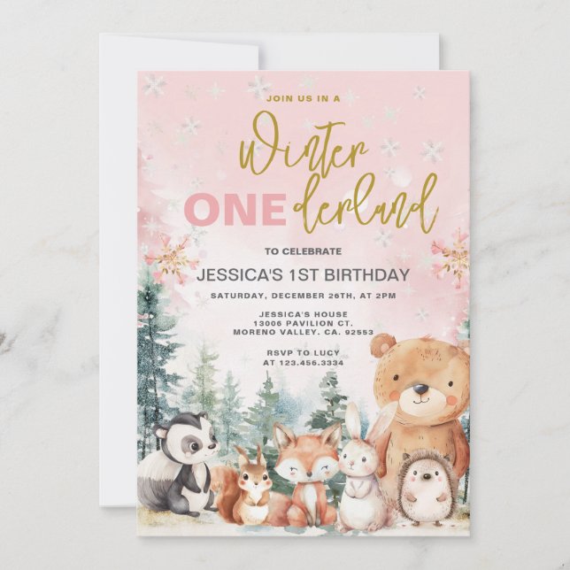 Invitation Anniversaire 1 an Pink Winter Onederland Woodland (Devant)