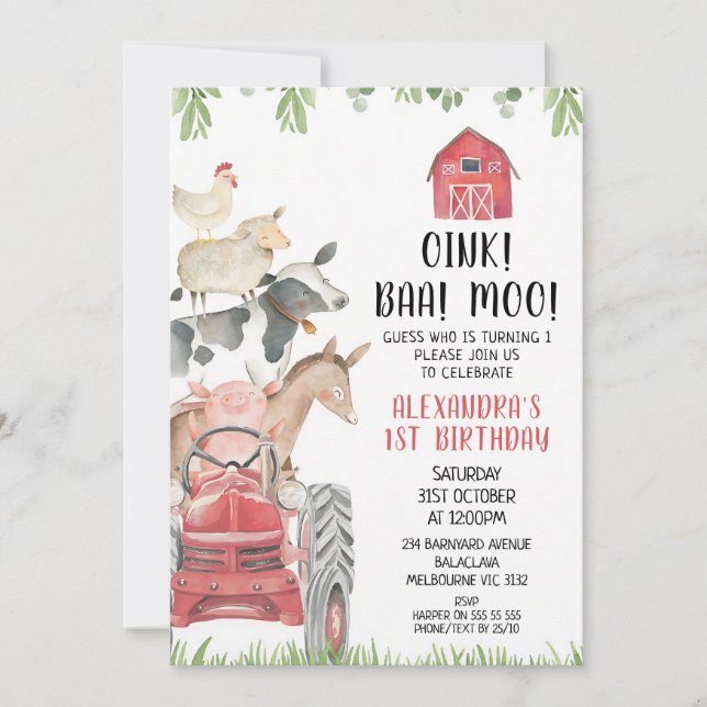 Invitation Anniversaire 1 an Red Tractor Farm Animals (Devant)