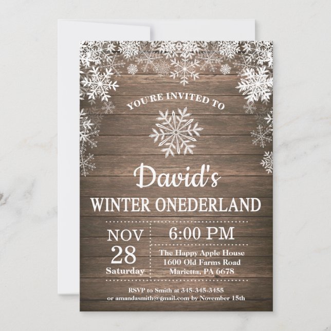 Invitation Anniversaire 1 an Rustique Flocon de neige Onederl (Devant)