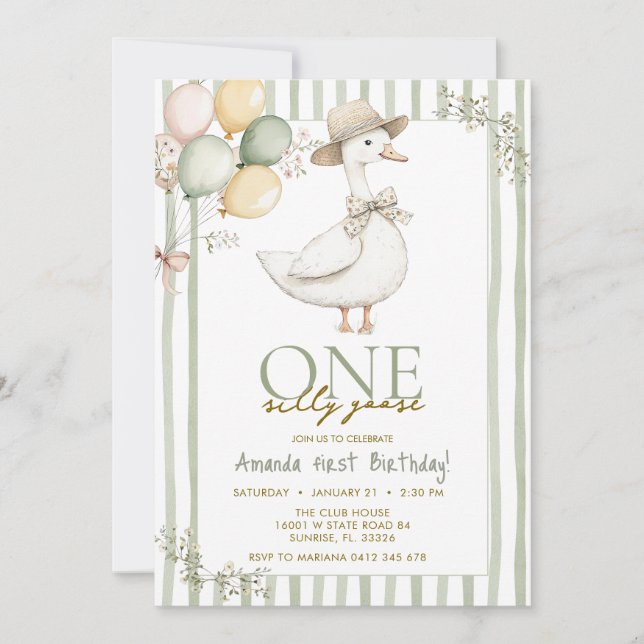 Invitation Anniversaire 1 an Sage Green Silly Goose  (Devant)