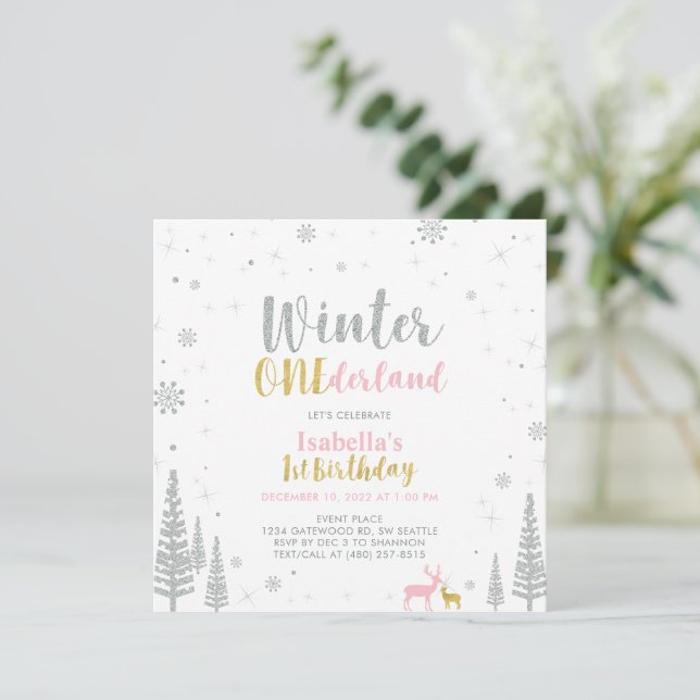 Invitation Anniversaire 1 an Silver & Gold Winter Onederland (Debout devant)