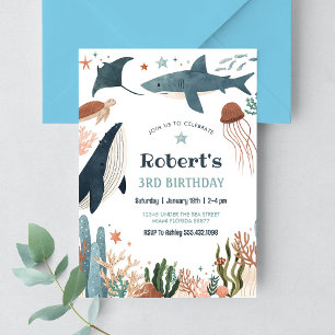 Invitation Anniversaire 1 an sous la mer baleine tortue requi