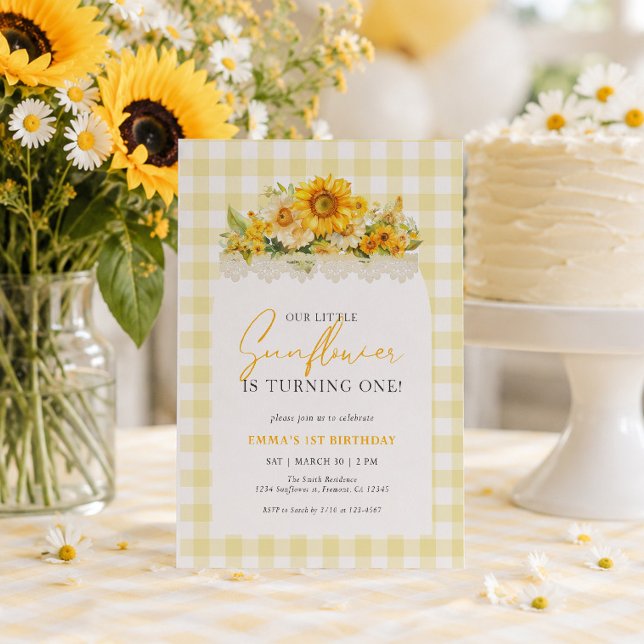 Invitation Anniversaire 1 an Tournesol Gingham Jau (Créateur téléchargé)
