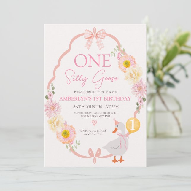 Invitation Anniversaire 1 an Whimsical Rose Fleuri (Debout devant)