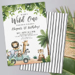 Invitation Anniversaire 1 an Wild One Jungle Safari<br><div class="desc">Invitation pour la fête d'anniversaire de Safari Animaux de la Jungle Wild One 1ère année. Une interprétation amusante et adorable du thème classique "Wild ONE" pour le premier anniversaire, parfaite pour le jour spécial de votre petit aventurier. Ce design ludique présente un groupe animé d'animaux de la jungle et du...</div>