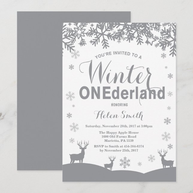 Invitation Anniversaire 1 an Winter Onederland Flocon de neig (Devant / Derrière)