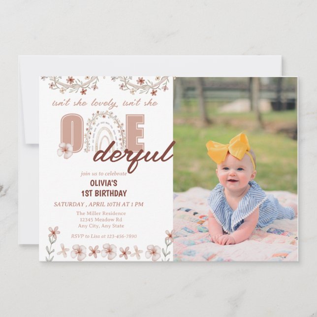 Invitation Anniversaire 1ère année Fille | Arc-en-ciel Boho (Devant)