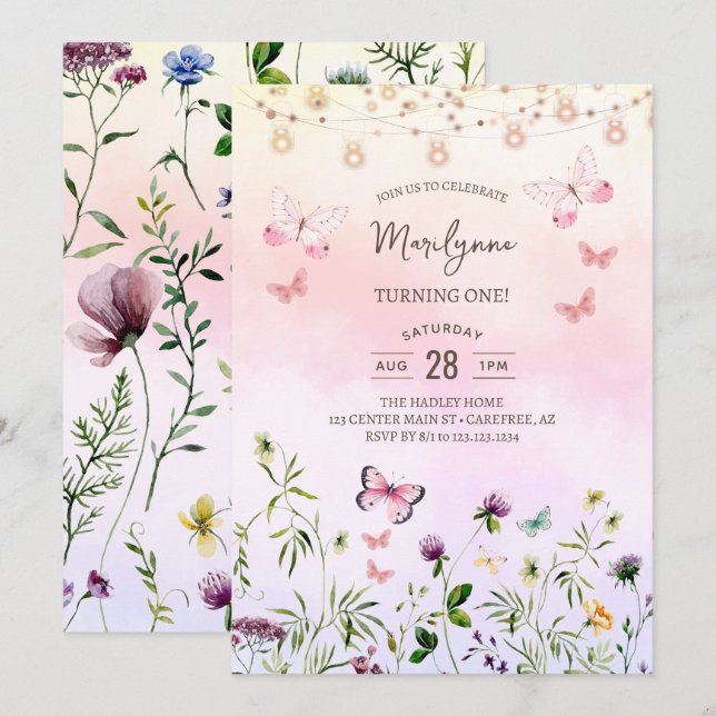 Invitation Anniversaire 1ère année Fleur sauvage Bohème Arc-e (Devant / Derrière)