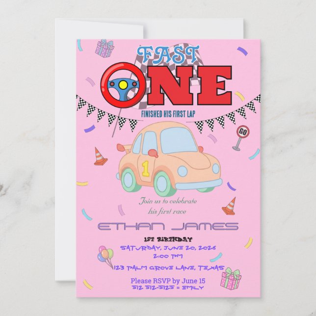 Invitation anniversaire 1ère année Garçon voiture  (Devant)