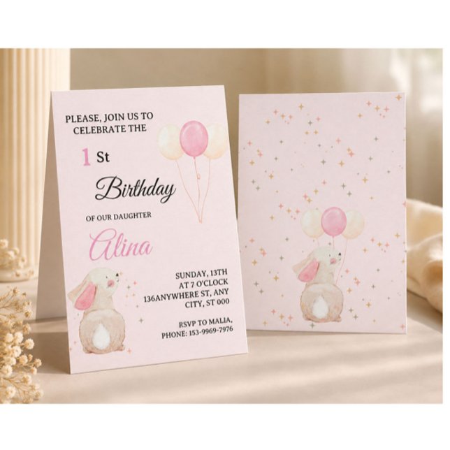 Invitation anniversaire 1ère année Lapin Rose | Bé (Créateur téléchargé)
