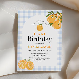 Invitation Anniversaire 1ère année Orange Gingham Citrus