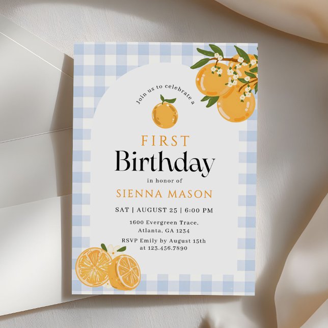 Invitation Anniversaire 1ère année Orange Gingham Citrus (Créateur téléchargé)
