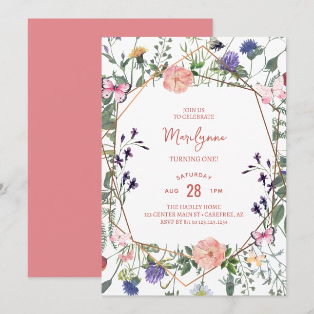 Invitation anniversaire 1ère année Wildflower Boho (Devant / Derrière)
