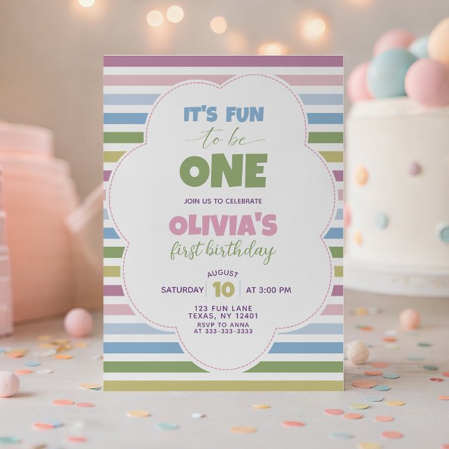 Invitation Anniversaire 1ère Colorée Pastel Rayée (Créateur téléchargé)
