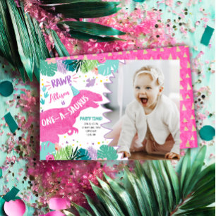 Invitation Anniversaire 1ère Première Fille Dinosaure Rose