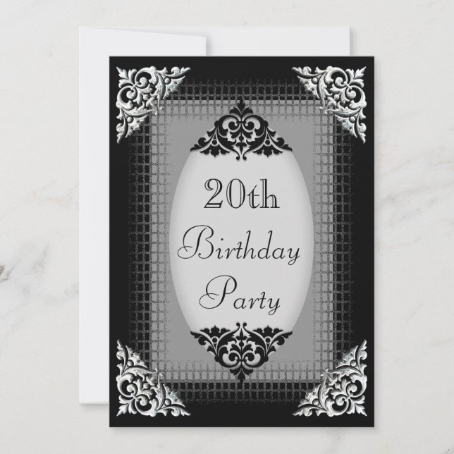 Invitation Anniversaire 20 ans élégant noir et argent (Devant)