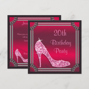 Invitation Anniversaire 20 ans élégant stiletto rose encadré