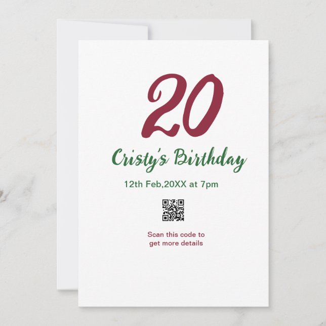 Invitation anniversaire 20 ANS MARON code qr gras rétro vert (Devant)