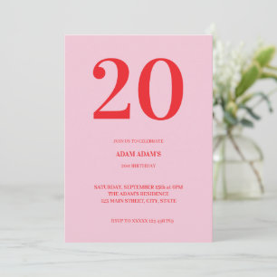 Invitation Anniversaire 20 ans minimaliste moderne rose rouge