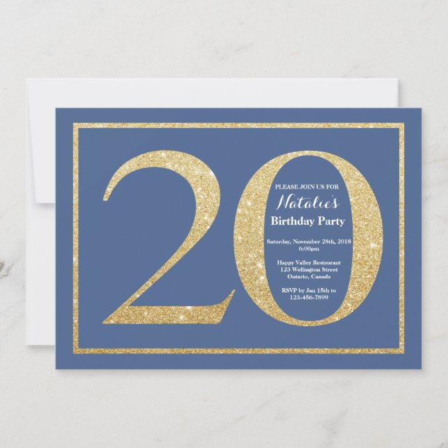 Invitation Anniversaire 20 ans Paillettes Bleu et Or (Devant)