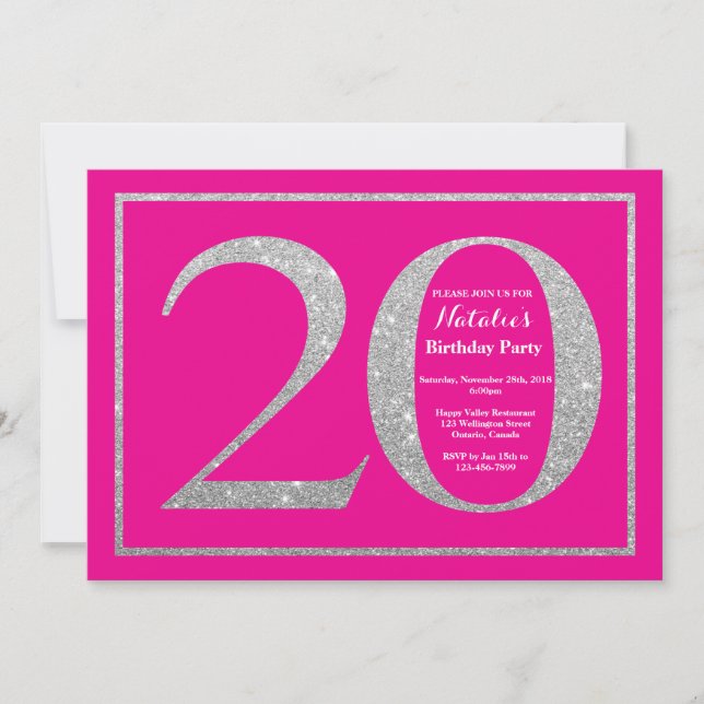 Invitation Anniversaire 20 ans paillettes rose et argent (Devant)
