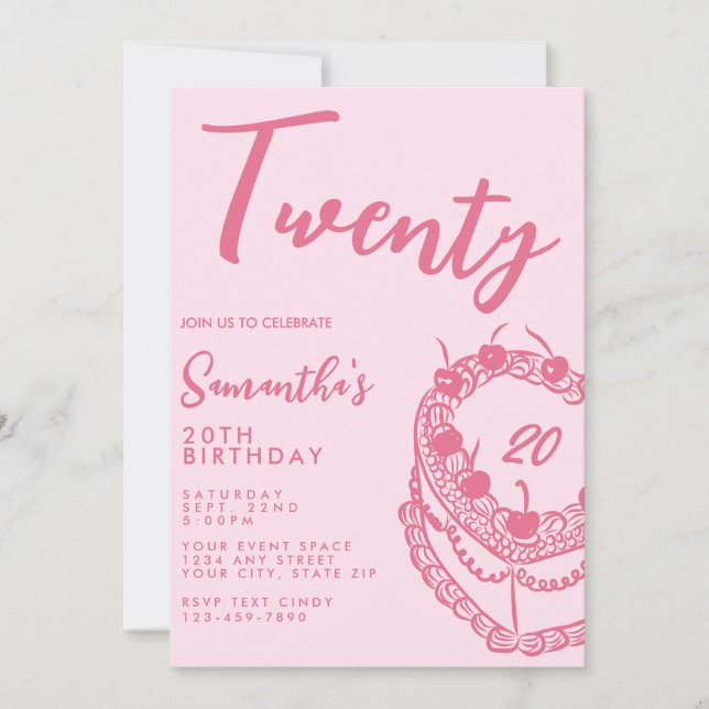 Invitation Anniversaire 20 ans Rose Simple Moderne Tendance (Devant)